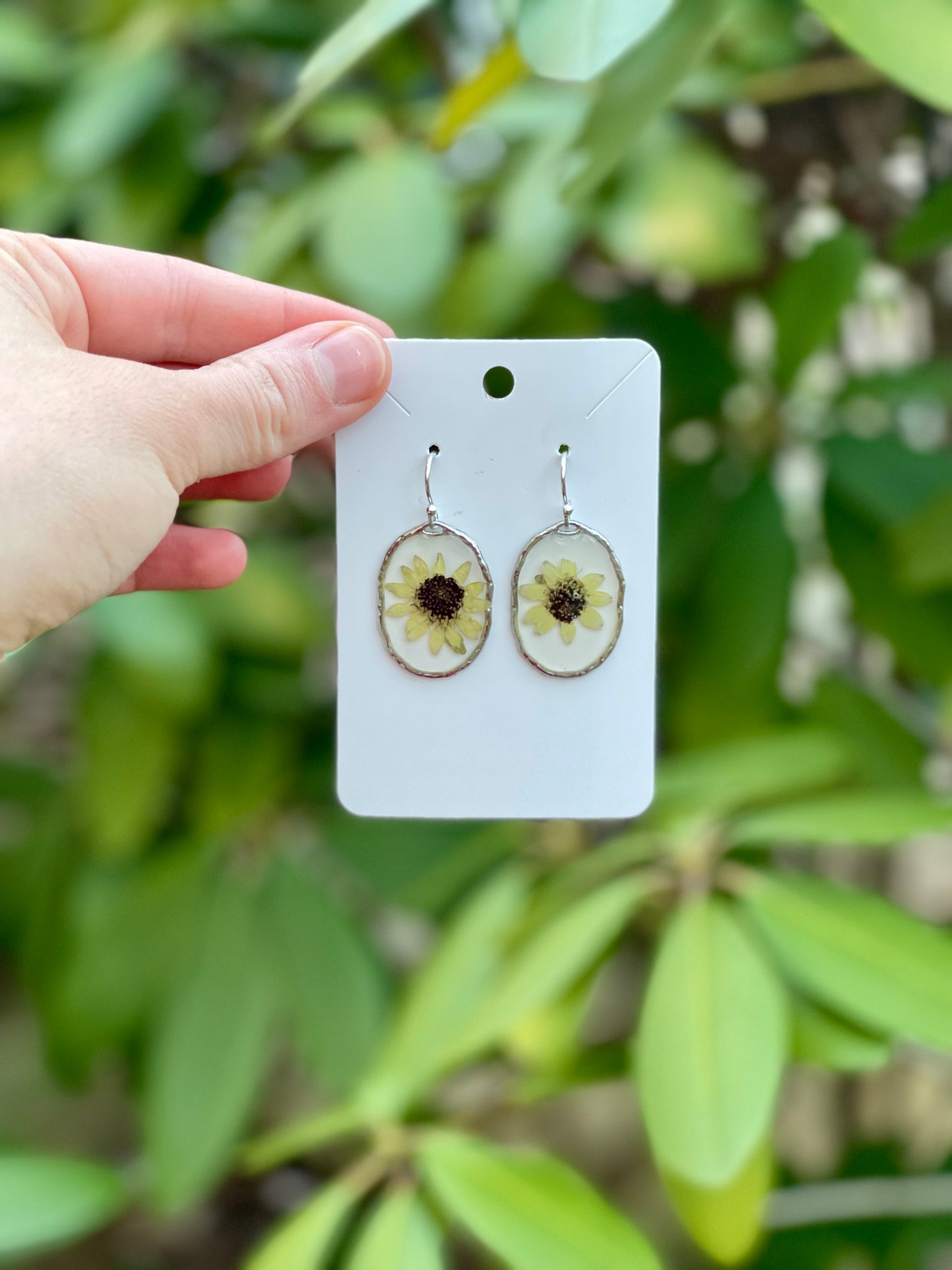 Oval Silver Sunflower Earrings